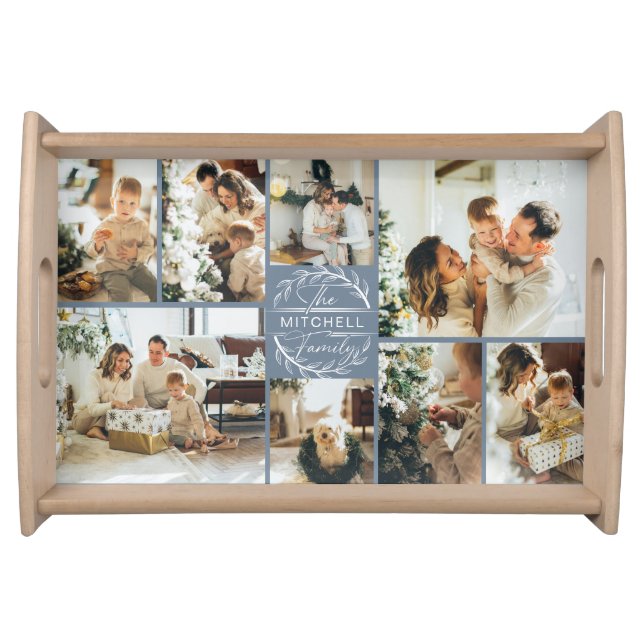Elegant Dusty Blue Family Photo Collage & Initial Serving Tray (Front)