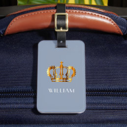 Elegant Dusty Blue Faux Gold Crown Luggage Tag