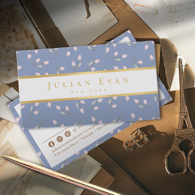 Elegant Dusty Blue Faux Gold Floral Business Card (Creator Uploaded)