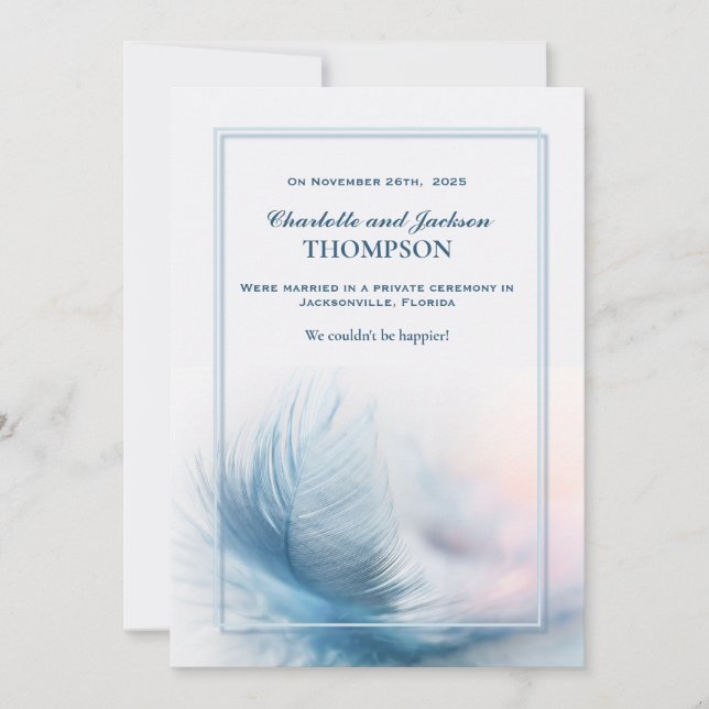 Elegant Dusty Blue Feather Wedding Announcement (Front)