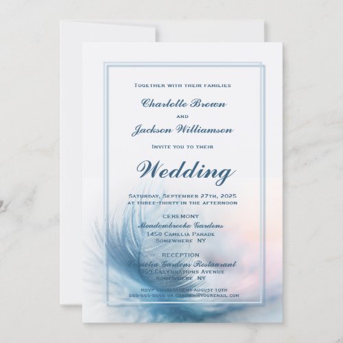 Elegant Dusty Blue Feather Wedding Invitation