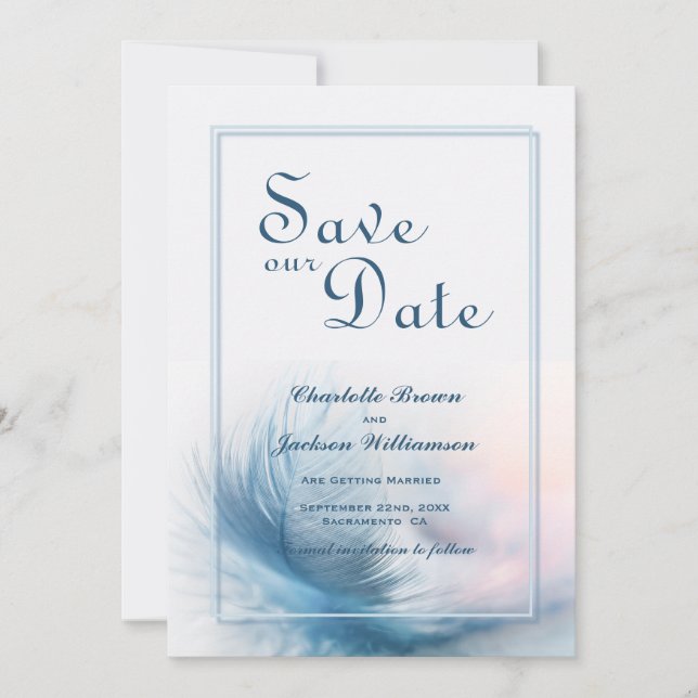 Elegant Dusty Blue Feather Wedding Save the Date (Front)