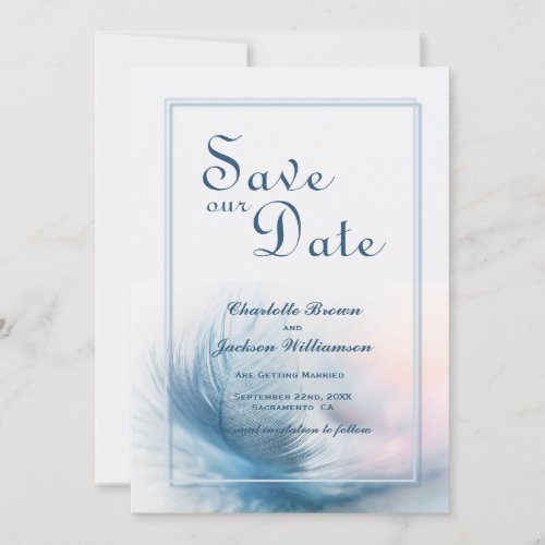 Elegant Dusty Blue Feather Wedding Save the Date