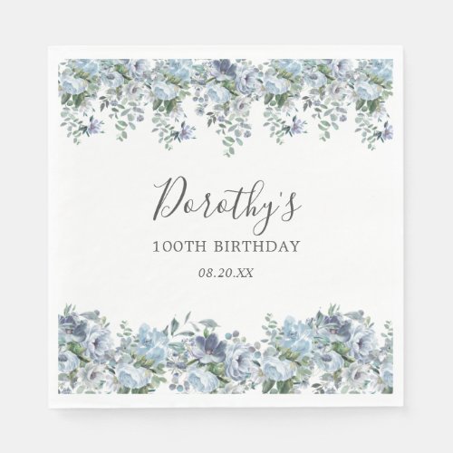 Elegant Dusty Blue Floral 100th Birthday Custom Napkins