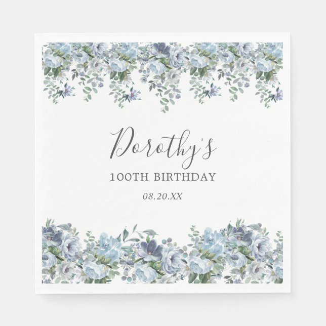 Elegant Dusty Blue Floral 100th Birthday Custom Napkins (Front)