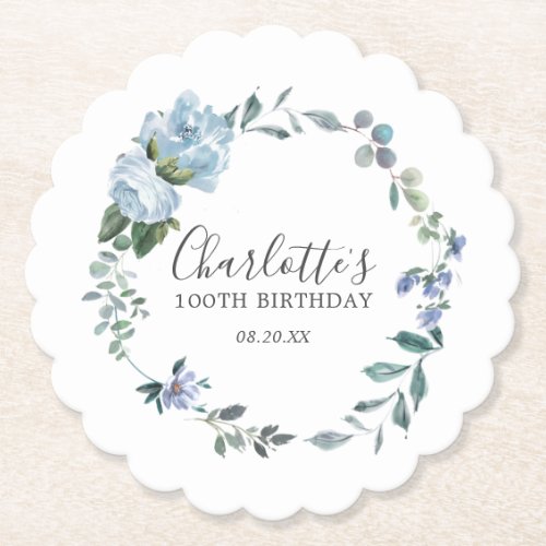 Elegant Dusty Blue Floral 100th Birthday Custom Paper Coaster