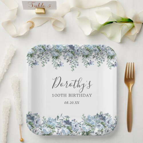 Elegant Dusty Blue Floral 100th Birthday Custom Paper Plates