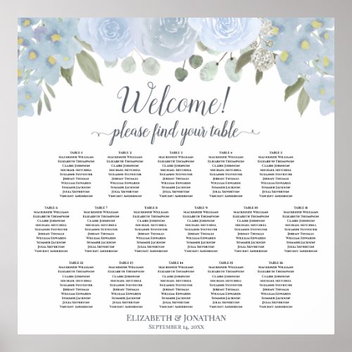Elegant Dusty Blue Floral 16 Table Seating Chart