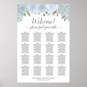 Elegant Dusty Blue Floral 16 Table Seating Chart