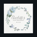 Elegant Dusty Blue Floral 21st Birthday Custom Napkins<br><div class="desc">Very pretty napkin for a 21st birthday party. A floral wreath features dusty blue peony and rose flowers nestled in blue eucalyptus leaves. The woman's name is written in a trendy script font. 21st Birthday and date follow. This 21st Birthday napkin is part of the 21st Birthday Dusty Blue Floral...</div>