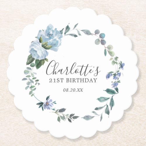 Elegant Dusty Blue Floral 21st Birthday Custom Paper Coaster