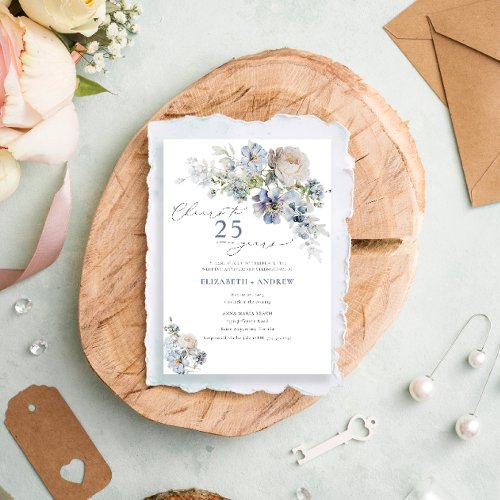 Elegant Dusty Blue Floral 25th Wedding Anniversary Invitation