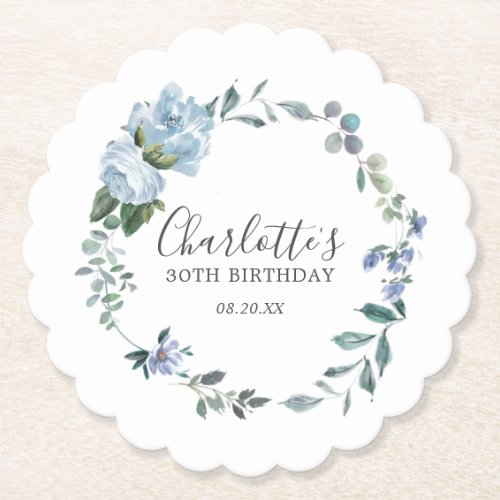 Elegant Dusty Blue Floral 30th Birthday Custom Paper Coaster
