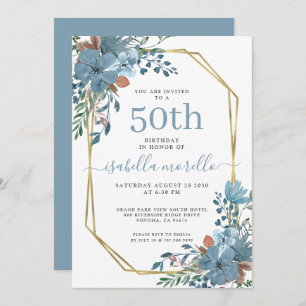 Elegant Dusty Blue Floral 50th Birthday Invitation