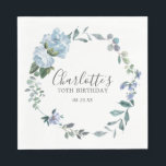 Elegant Dusty Blue Floral 70th Birthday Custom Napkins<br><div class="desc">Very pretty napkin for a 70th birthday party. A floral wreath features dusty blue peony and rose flowers nestled in blue eucalyptus leaves. The woman's name is written in a trendy script font. 70th Birthday and date follow. This 70th Birthday napkin is part of the 70th Birthday Dusty Blue Floral...</div>