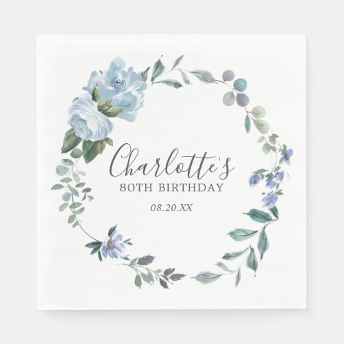 Elegant Dusty Blue Floral 80th Birthday Custom Napkins