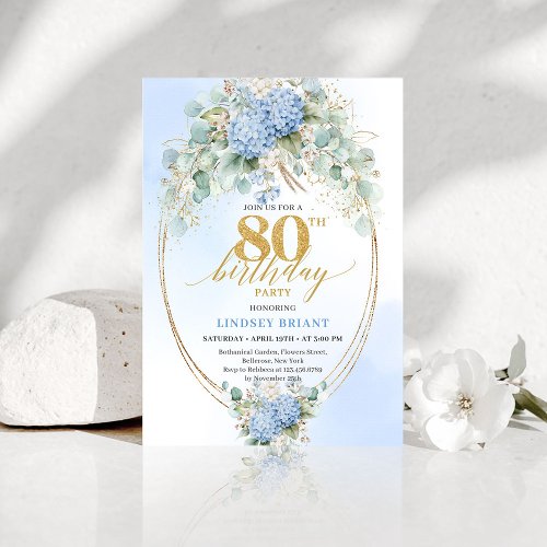Elegant Dusty Blue Floral 80th Birthday Invitation