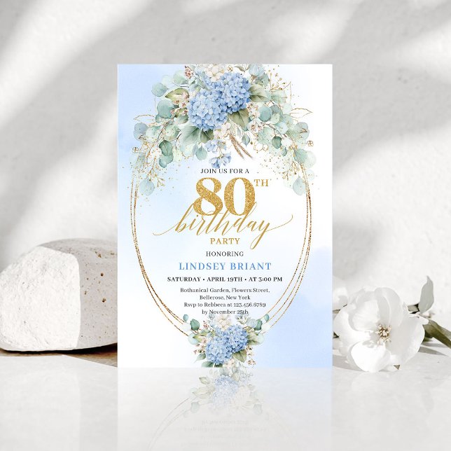 Elegant Dusty Blue Floral 80th Birthday Invitation (Elegant Dusty Blue Floral 80th Birthday Invitation)