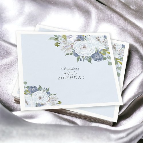 Elegant Dusty Blue Floral 80th Birthday Party Napkins