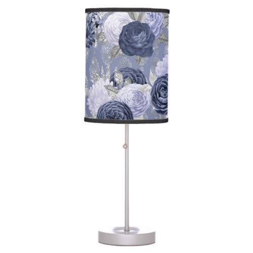 Elegant Dusty Blue Floral and Damask Design Table Lamp