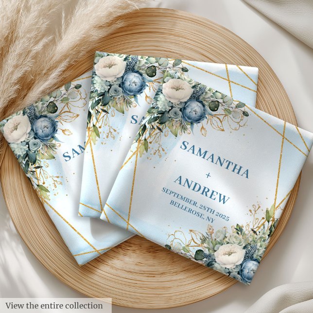 Elegant Dusty Blue Floral and Gold Frame Wedding  Cloth Napkin (Elegant Dusty Blue Floral and Gold Frame Wedding Cloth Napkins)