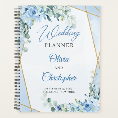 Elegant Dusty Blue Floral and Gold frame wedding Planner