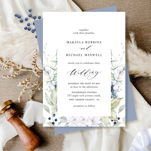 Elegant Dusty Blue Floral and Greenery Wedding Invitation