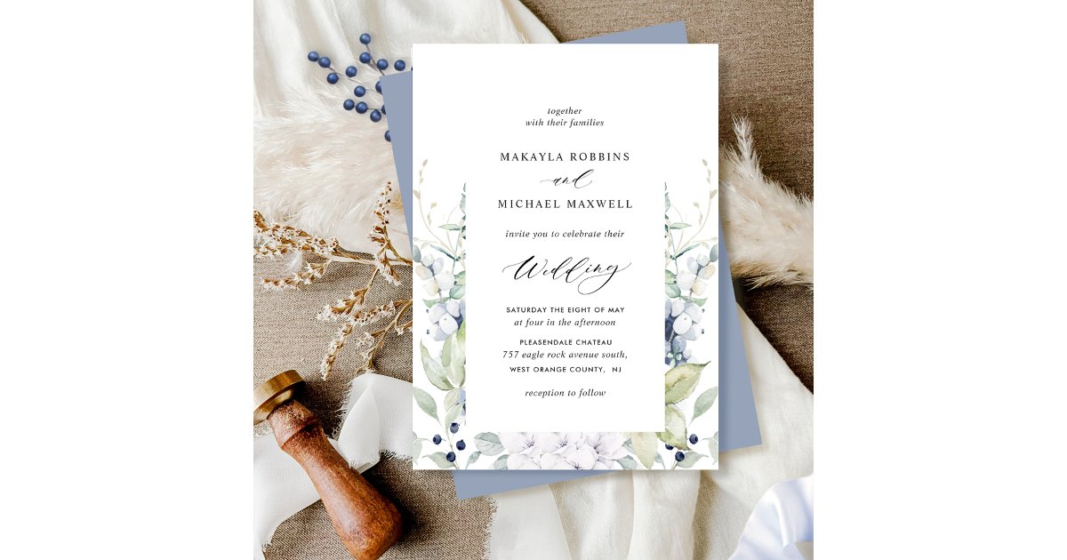 Elegant Dusty Blue Floral and Greenery Wedding Invitation | Zazzle