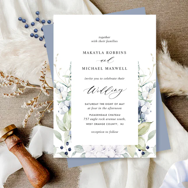 Elegant Dusty Blue Floral and Greenery Wedding Invitation | Zazzle