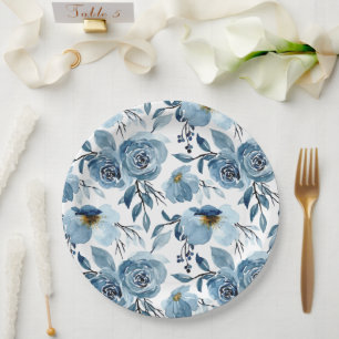 Elegant Dusty Blue Floral and White Round Party Paper Plates