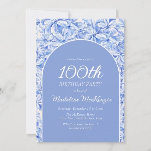 Elegant Dusty Blue Floral Arch 100th Birthday Invitation