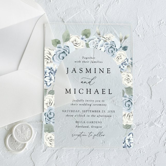 Elegant Dusty Blue Floral Arch Frame Wedding Acrylic Invitations (Creator Uploaded)