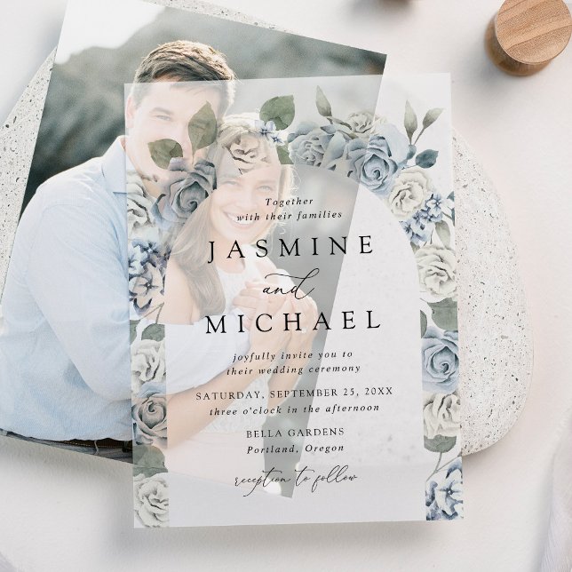 Elegant Dusty Blue Floral Arch Frame Wedding Vellum Invitations (Creator Uploaded)