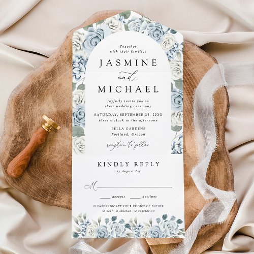 Elegant Dusty Blue Floral Arch Wedding All In One Invitation