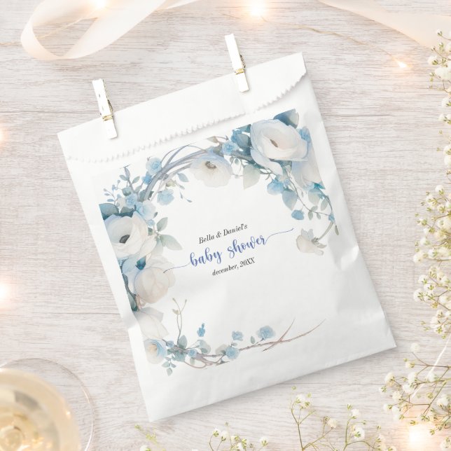Elegant Dusty Blue Floral Baby Shower Favor Bag (Clipped)