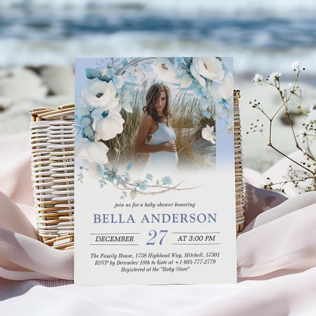 Elegant Dusty Blue Floral Baby Shower Invitation (Elegant Dusty Blue Floral Baby Shower Invitation)