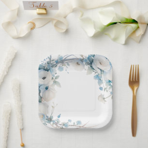 Elegant Dusty Blue Floral Baby Shower Paper Plates