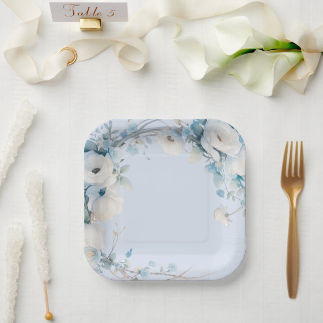 Elegant Dusty Blue Floral Baby Shower Paper Plates (Wedding)
