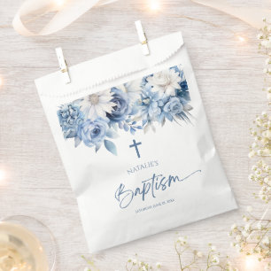 Elegant Dusty Blue Floral Baptism Favor Bag
