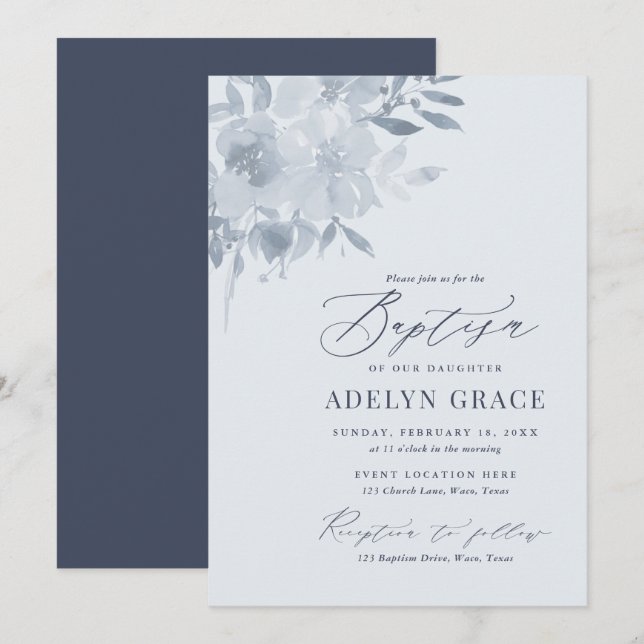 Elegant Dusty Blue Floral Baptism Invitation (Front/Back)