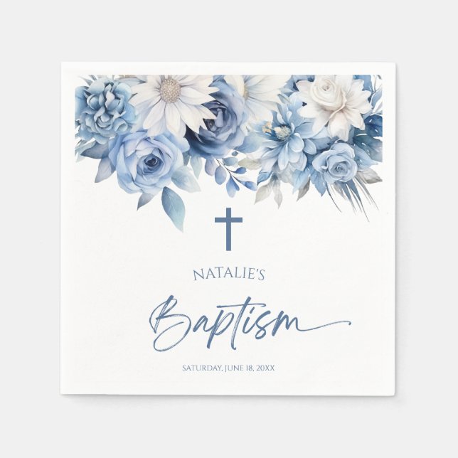 Elegant Dusty Blue Floral Baptism Napkins (Front)