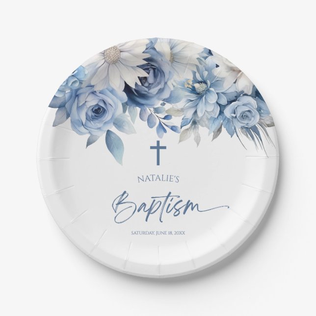 Elegant Dusty Blue Floral Baptism Paper Plates (Front)