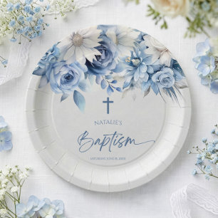 Elegant Dusty Blue Floral Baptism Paper Plates