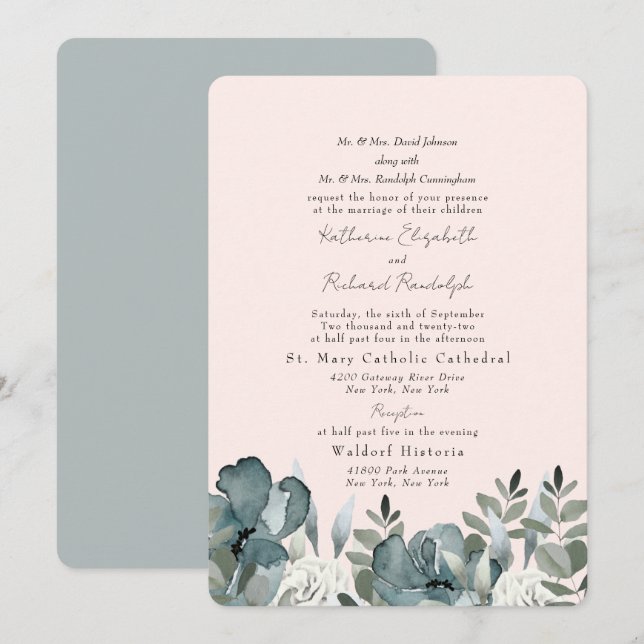 Elegant Dusty Blue Floral & Blush Wedding Invitation (Front/Back)