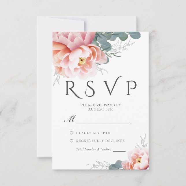 Elegant Dusty Blue Floral Blush Wedding RSVP Card (Front)