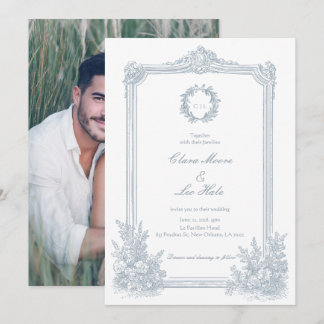 Elegant Dusty Blue Floral Border Wedding Photo  Invitation