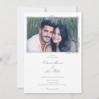 Elegant Dusty Blue Floral Border Wedding Photo Invitation