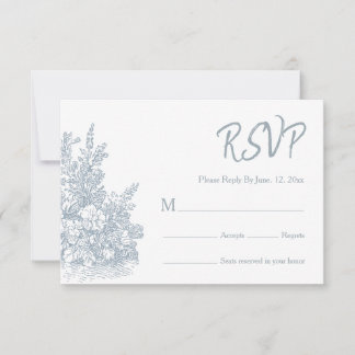 Elegant Dusty Blue Floral Border Wedding RSVP Card