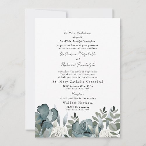 Elegant Dusty Blue Floral Both Parents Wedding Invitation