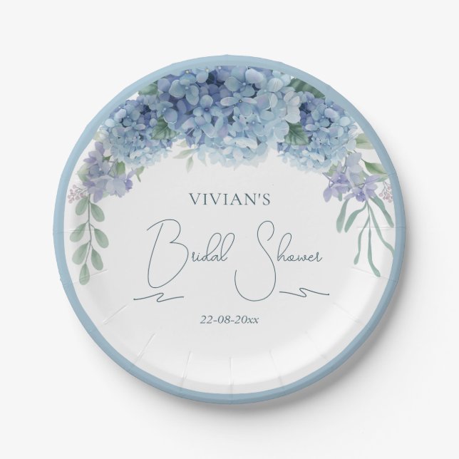 Elegant Dusty Blue Floral Bouquet Paper Plates (Front)